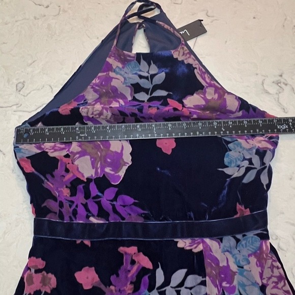 Lulus Velvet Floral Halter Midi Dress Slit Size Medium Navy Purple Pink - Picture 8 of 8